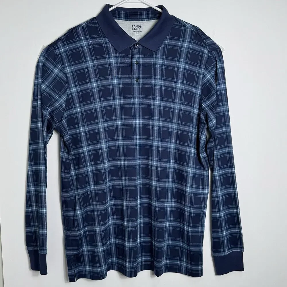Lands’ End Lot Of 2 Mens Long Sleeve Plaid XLT Polo & XL Quarter Zip Pullover